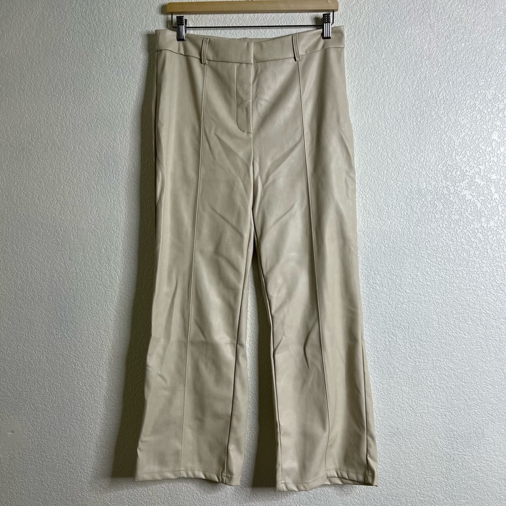 7 For All Mankind Faux Leather Wide Leg Pants Cream Large NEW